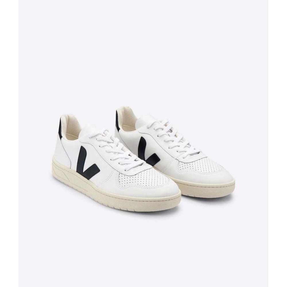 Veja V-10 LEATHER Men's Sneakers White/Black | NZ 337FDN